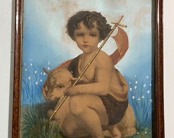 1880s French colored Chromolithograph on paper mounted on lose canvas. Baby shepherd and lamb.