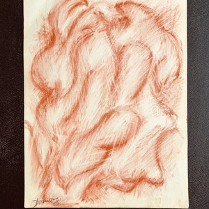 Disegno astratto francese degli anni '60, matita rossa colorata, composizione astratta su carta. Arte moderna. Movimento astratto.