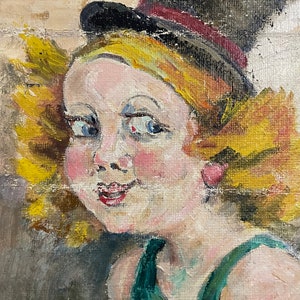 1960s French Vintage Naive Art / Kitsch Art oil painting on unstretched canvas. Young girl wearing a top hat. image 3