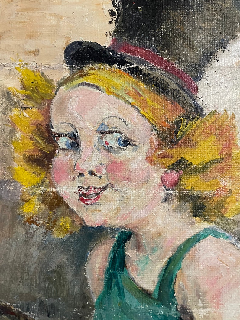 1960s French Vintage Naive Art / Kitsch Art oil painting on unstretched canvas. Young girl wearing a top hat. image 3