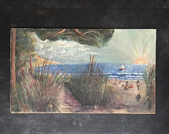 1960s French Vintage Naive Art oil painting on panel. Topless beach in Southern France. French Riviera monokini bathers coastal view.