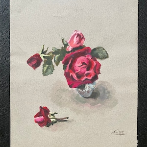 Dipinto a guazzo francese degli anni '50. Fiori di rose rosa e rosse. Arte floreale firmata su carta. Natura morta d'epoca. Decorazione murale antica. Cottage botanico.