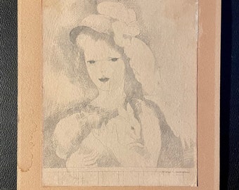 1928  French Cubist Master Marie Laurencin ( 1883 - 1956) Original Etching-Engraving on paper. Woman holding a rabbit.