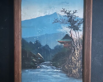 1940s Vietnamese/ French Colonial oil painting on wood. Landscape with mountain and temple in Vietnam.