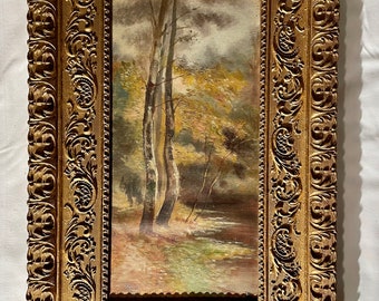 Pintura al óleo francesa de la década de 1890 sobre papel de lienzo montado sobre panel. Paisaje escolar de Barbizon.