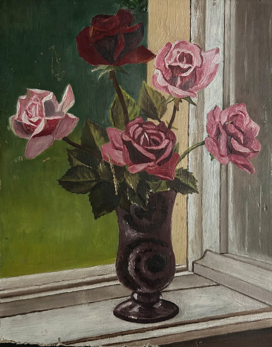 1910s French Shabby Chic Oil Painting on Panel. Red and Pink Etsy