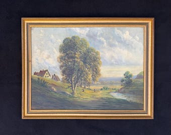 1890s  French Antique Landscape Oil Painting, Barbizon Style, Farmhouses and Rural Figures by a River, Gold Frame. France Art