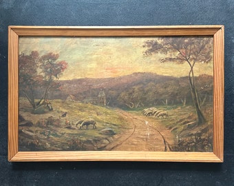 1870s French oil painting on wood. Barbizon School. Bucolic Landscape with Mansion and farmhouse in France.Pastoral Scene.Shepherd and sheep