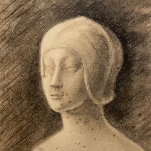 Disegno a grafite su carta, francese, anni '10. Ritratto di una giovane donna che indossa un cappello