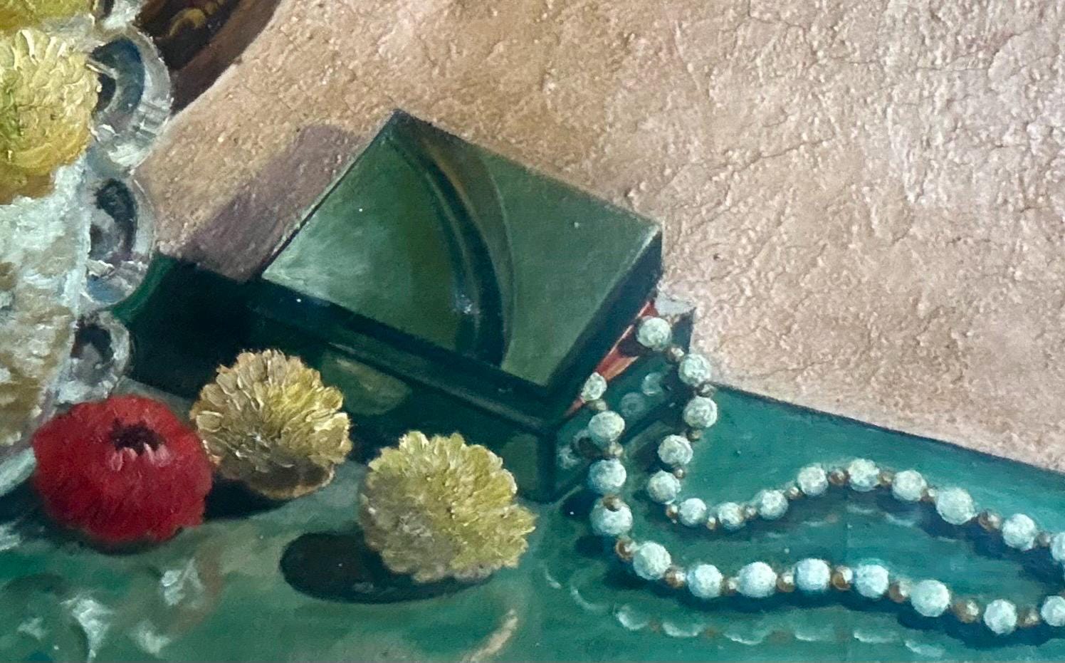 1940年代のフランスの油絵、静物画、赤、黄色の花、鏡、宝石、シャビー