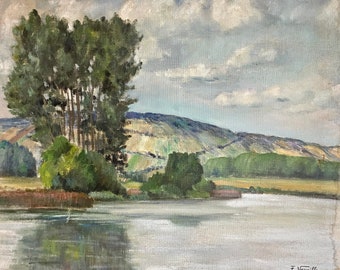 1920s French Listed Artist E. Vapaille (1900s) oil painting on canvas. Riverscape of Villeneuve-sur-Yonne. Burgundy. France