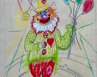 2000s French Vintage pastel drawing on paper. Clown. Circus. Children room decor. Art for kids.