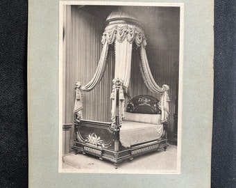 1800s French Antique photo from technical file of Furniture design / architect studio. Architectural photo. Canopy bed. Four poster bed.
