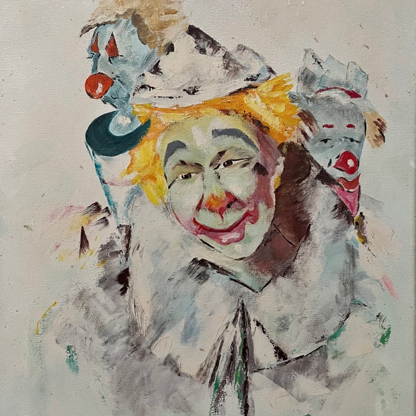Huile sur toile vintage de l'artiste française des années 1990 Solange Abraham (21e siècle). 3 clowns.