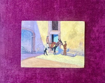 Peinture à l'huile française des années 1930 représentant des paysans et un âne dans un village provençal | Panneau d'art ancien | Décoration murale style ferme