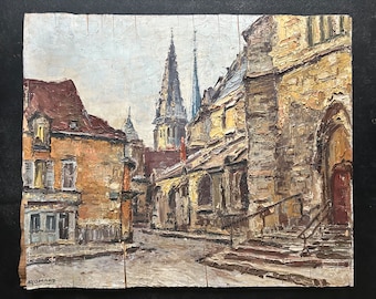 Pintura al óleo francesa de los años 20 sobre madera. Vista de la calle del impresionismo. Paisaje urbano en Francia con Catedral.