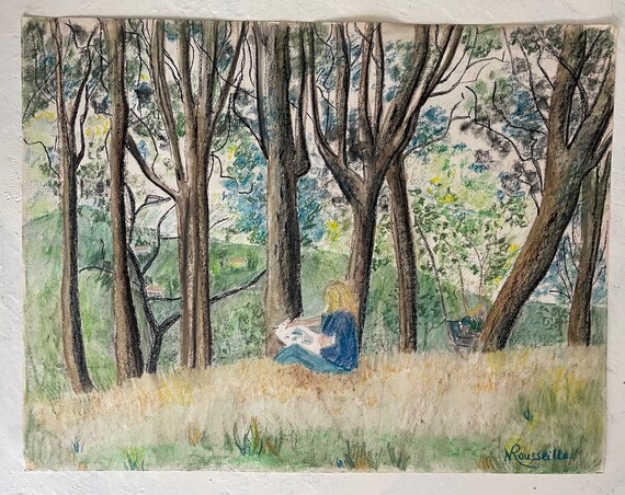 Grande peinture pastel sur papier vintage française des années 1950. Peintre  travaillant dans les bois de Provence. Sud de la France -  France