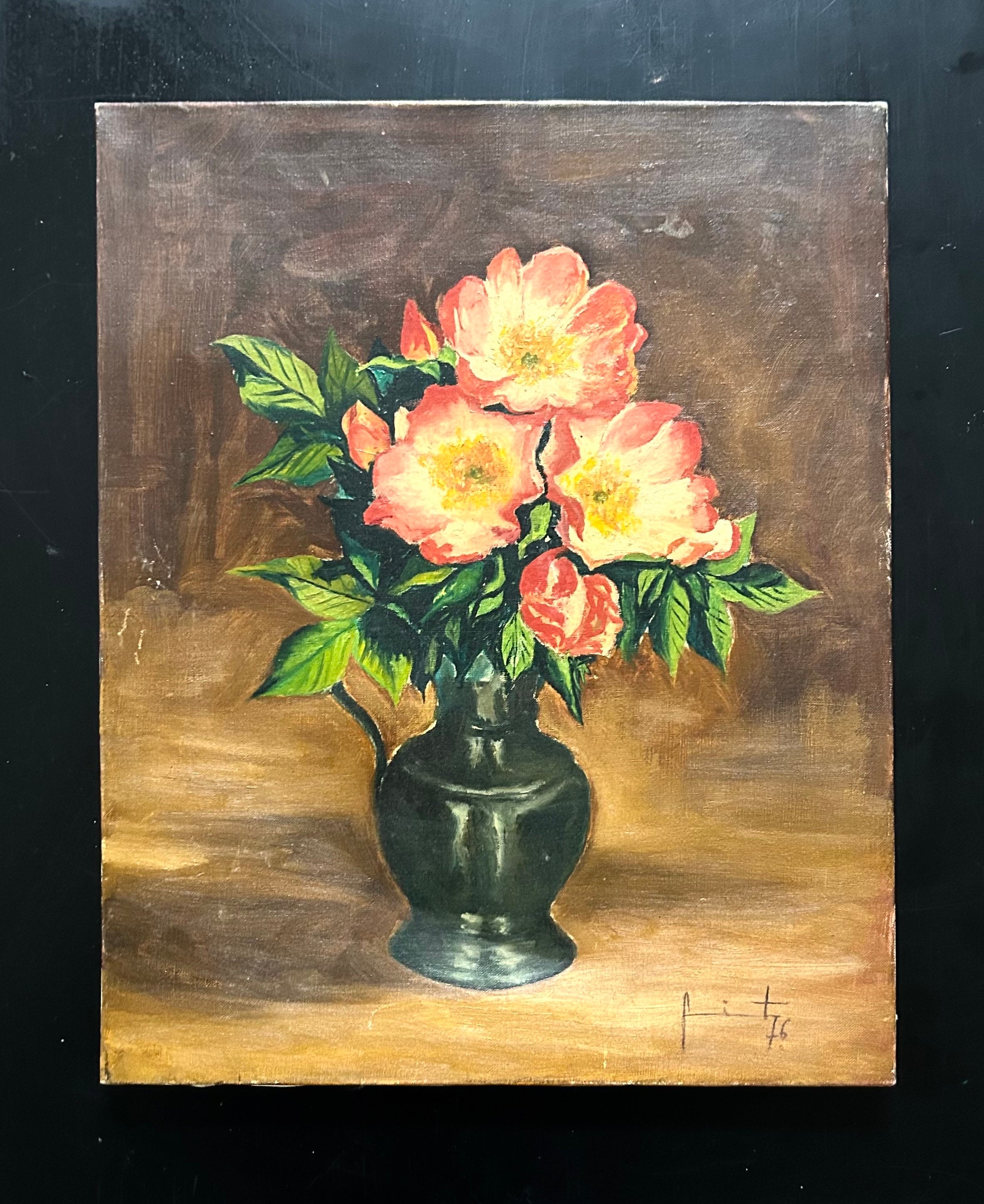 Buy 1970s French Vintage Oil Painting on Canvas. Vase With Orange