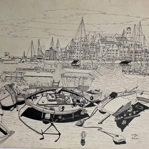 Tinta francesa vintage sobre cartón, década de 1970. Vista del puerto y del casco antiguo de Cannes. Riviera francesa.