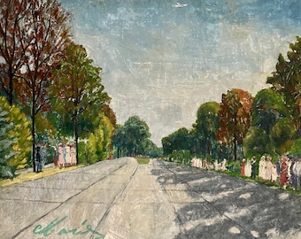 1930s French oil painting on canvas cutout. Animated street in West Africa