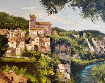 1950s French Vintage oil painting on canvas. Village of Saint Cirq Lapopie . South Western France.