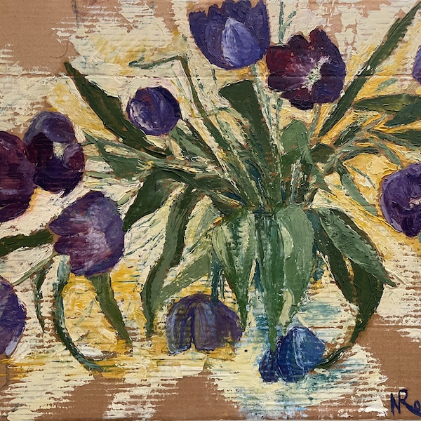 1950s French Vintage Large Oil  painting on cardboard. Blue Tulips.