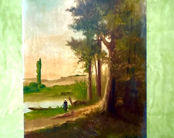 1890s French Landscape Oil Painting Farmhouse Countryside Art Barbizon School Antique Canvas Peasant Cottage Vintage Wall Decor