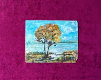 1940s French Romantic Autumn landscape painting - Fall woods & stream - Vintage oil on wood - Barbizon art - Indian summer art cottage decor