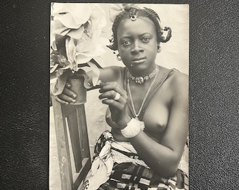1920s Antique Real original French photo of young woman of West Africa. Colonial memorabilia of France and African colonial era. Afro art.