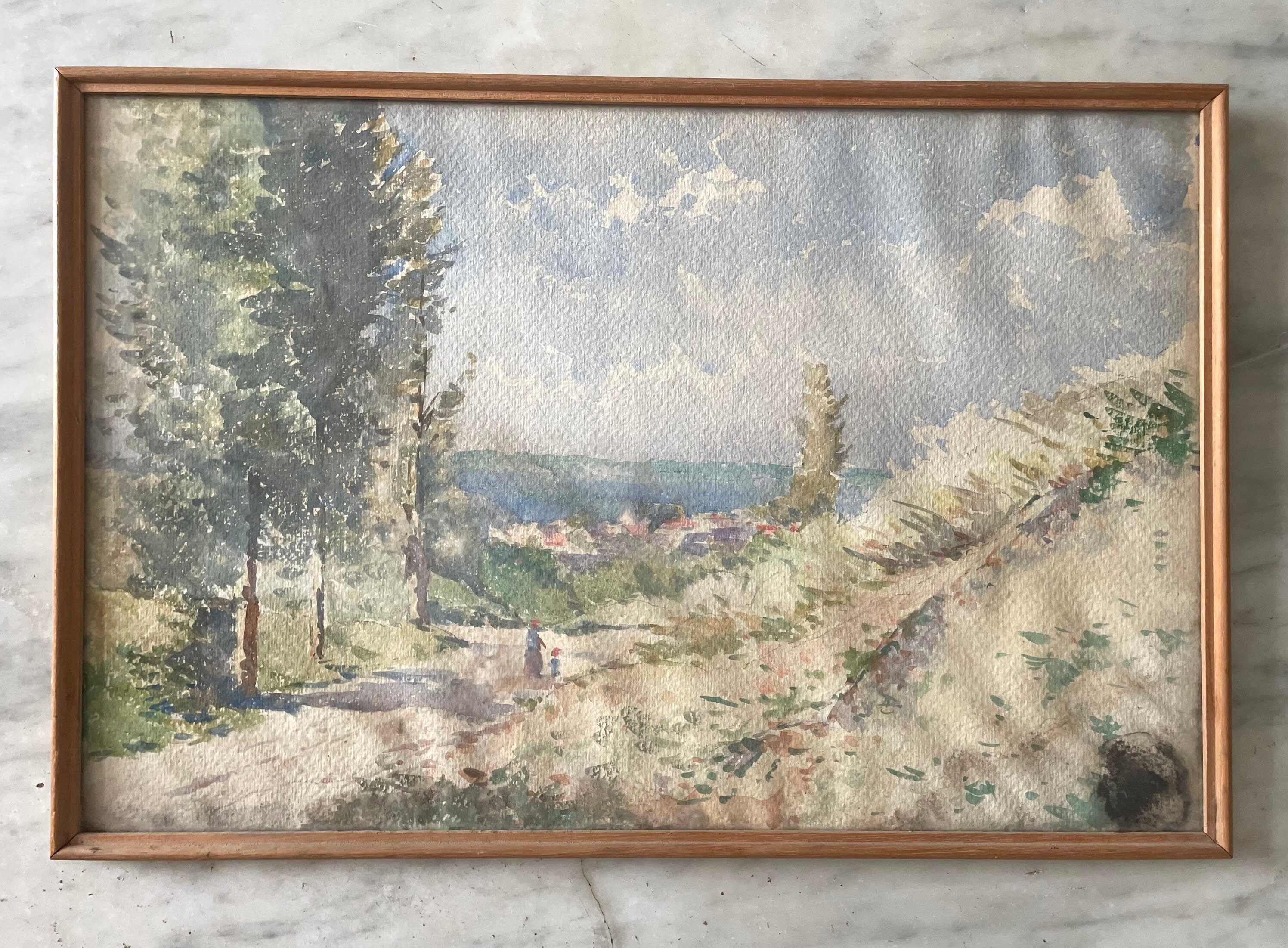 1890 年代のフランスのアンティーク水彩画。南フランスの風景