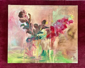 2000s French Vintage oil painting on canvas. Vase of mixed Flowers Floral art. Flowers decoration Still life. Shabby Chic decor  Cottage art