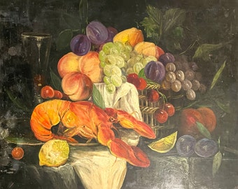 1920s French oil painting on panel. Still life with fruits and lobster