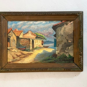 1920s French oil painting on wood. Village overlooking the sea in the French Riviera