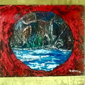 1970s Dutch Vintage Abstract Art oil painting on canvas. Modern composition. Seascape coastal scene. Mid Century decor. Modernist design