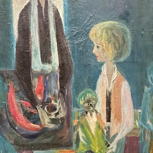 1960s French Listed artist Paul Raymond Guilbert (born 1916) oil painting on canvas. Family scene.