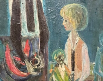 1960s French Listed artist Paul Raymond Guilbert (born 1916) oil painting on canvas. Family scene.