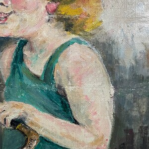 1960s French Vintage Naive Art / Kitsch Art oil painting on unstretched canvas. Young girl wearing a top hat. image 8