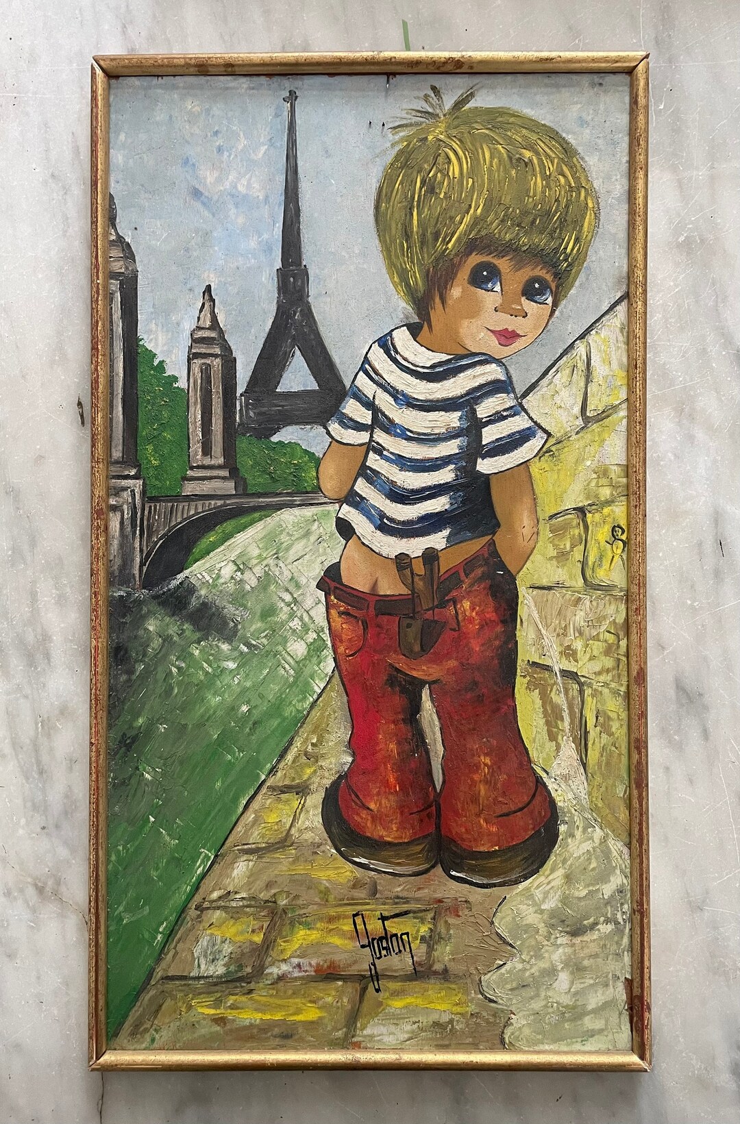 1960s French Big Eyes Kitsch Art Oil Painting on Wood. in the School of