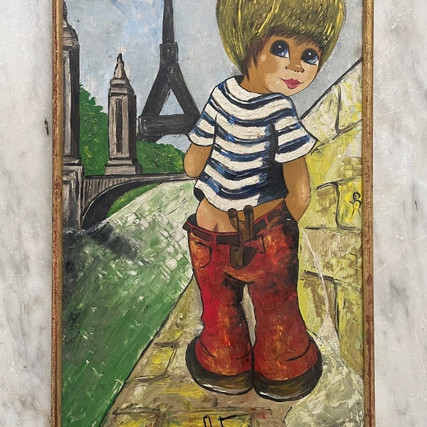 1960s French Big Eyes kitsch Art oil painting on wood. In the school of Margaret Keane. Little « Gavroche » and Eiffel Tower in Paris