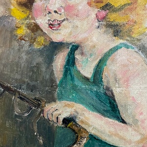 1960s French Vintage Naive Art / Kitsch Art oil painting on unstretched canvas. Young girl wearing a top hat. image 6