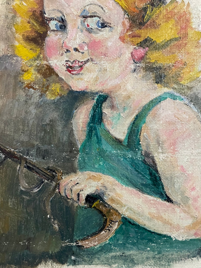 1960s French Vintage Naive Art / Kitsch Art oil painting on unstretched canvas. Young girl wearing a top hat. image 6