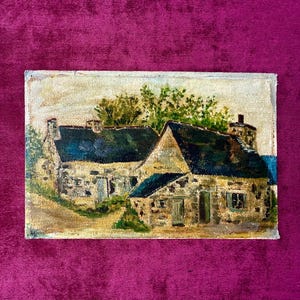 Pintura al óleo francesa sobre tabla, década de 1890. Casa rural de la escuela de Barbizon, Francia. Decoración de pared de una cabaña. Vida en el campo. Casa rural.