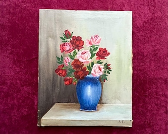 1930年代のフランスの花の油絵、青い花瓶に入ったピンクの赤いバラ