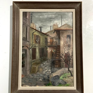 Dipinto a olio vintage francese degli anni '60 su carta spessa. Strada di un villaggio nel sud della Francia