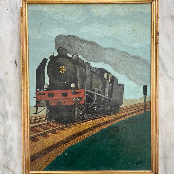 1930s French oil painting on panel. Train. Locomotive.