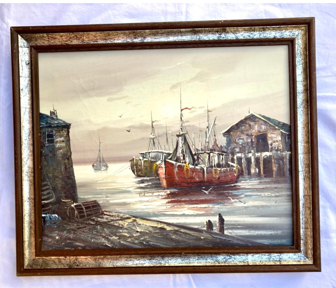 1970s French Vintage Oil on Canvas. Mediterranean Seaport and Fishermens  Boats. -  Norway