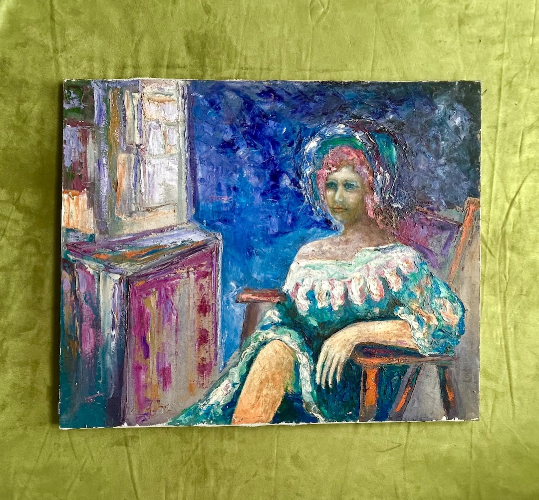 1960s French Vintage Oil Painting on Canvas Sitting Pink Hair Woman in ...