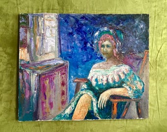1960s French Oil Painting Woman Portrait Modern Art Pink Hair Vintage Expressionist Canvas Large Signed Dated 1968 Wall Decor