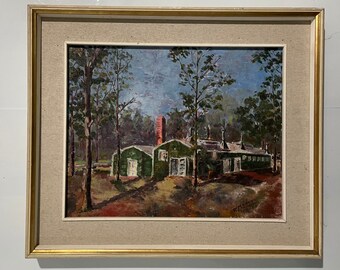 1940s Italian Oil painting on canvas. Factory in the countryside