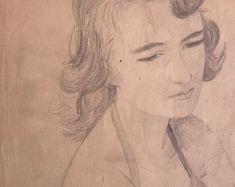 1940s French pencil drawing on paper. Portrait of young woman.